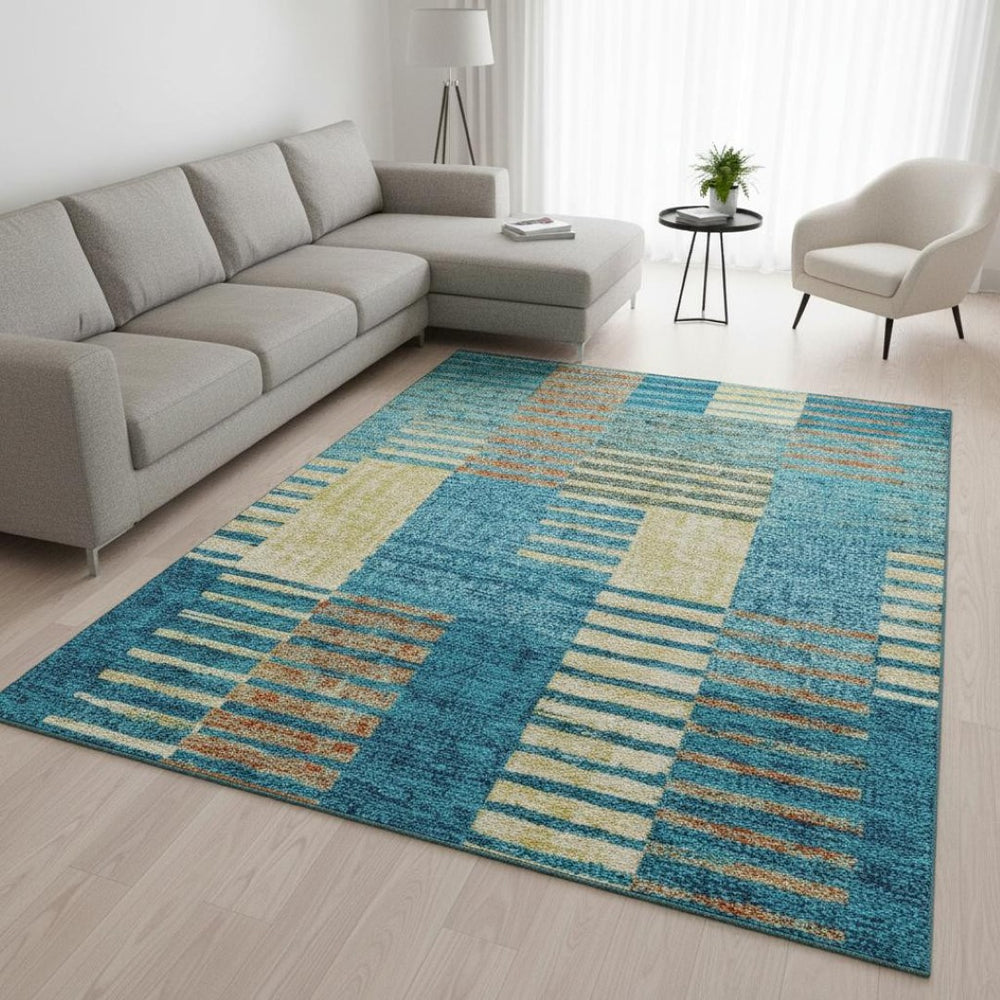 HomeRoots 10' Teal, Orange & Gold Striped Washable Area Rug - Durable, UV-Protected, Stylish & Easy-Care Design 675684