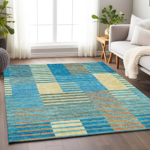 HomeRoots 10' Teal, Orange & Gold Striped Washable Area Rug - Durable, UV-Protected, Stylish & Easy-Care Design 675684