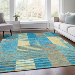 HomeRoots 10' Teal, Orange & Gold Striped Washable Area Rug - Durable, UV-Protected, Stylish & Easy-Care Design 675684