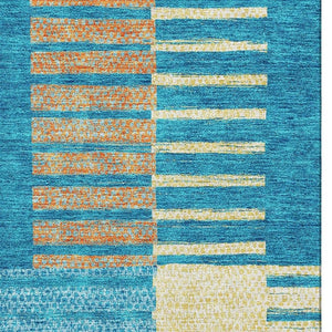 HomeRoots 10' Teal, Orange & Gold Striped Washable Area Rug - Durable, UV-Protected, Stylish & Easy-Care Design 675684