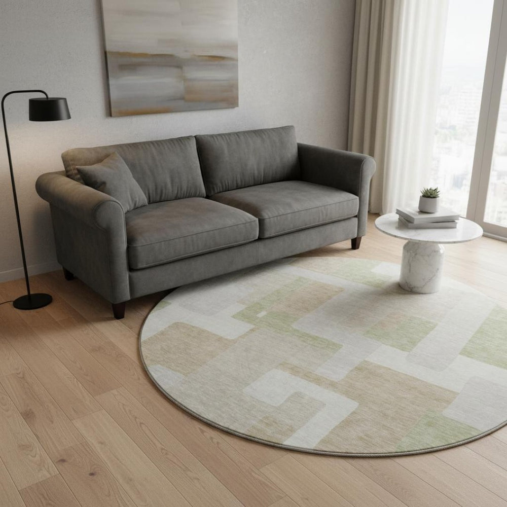 HomeRoots 8' Beige, Ivory & Taupe Geometric Round Rug - Washable, UV-Protected, Stain-Resistant for Busy Homes 675687