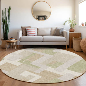 HomeRoots 8' Beige, Ivory & Taupe Geometric Round Rug - Washable, UV-Protected, Stain-Resistant for Busy Homes 675687