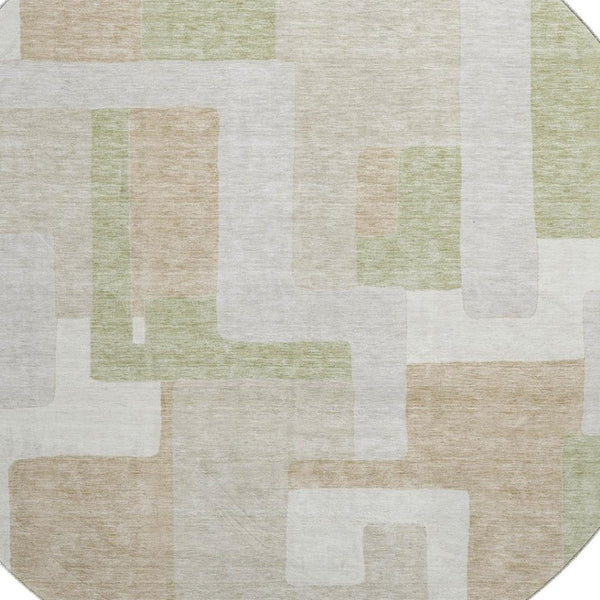 HomeRoots 8' Beige, Ivory & Taupe Geometric Round Rug - Washable, UV-Protected, Stain-Resistant for Busy Homes 675687