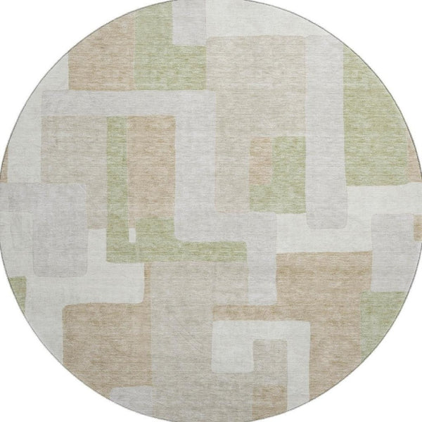 HomeRoots 8' Beige, Ivory & Taupe Geometric Round Rug - Washable, UV-Protected, Stain-Resistant for Busy Homes 675687