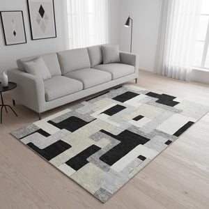 HomeRoots 5' X 8' Washable Black Ivory Beige Geometric Area Rug - UV Protected, Stain Resistant, Modern Design 675692