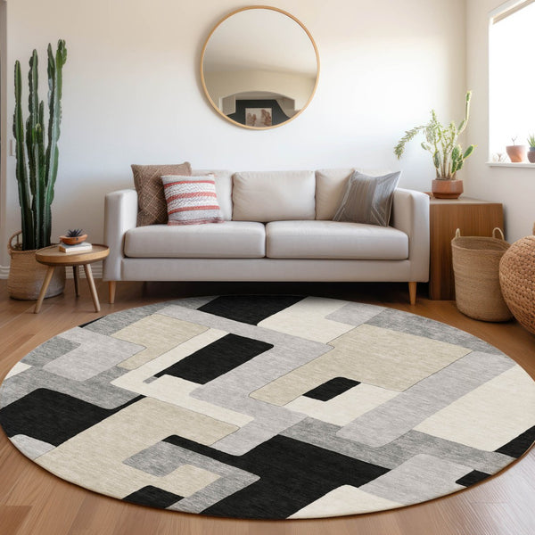 HomeRoots 8' Modern Black Ivory Beige Geometric Washable Round Area Rug with UV Protection for Easy Care 675693