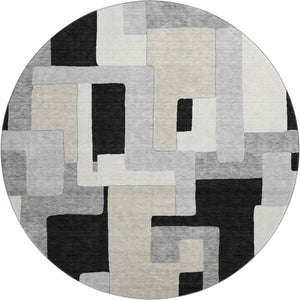HomeRoots 8' Modern Black Ivory Beige Geometric Washable Round Area Rug with UV Protection for Easy Care 675693