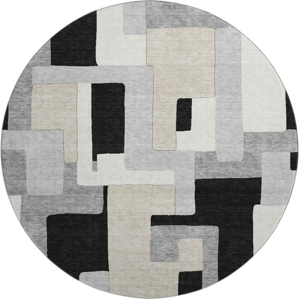 HomeRoots 8' Modern Black Ivory Beige Geometric Washable Round Area Rug with UV Protection for Easy Care 675693