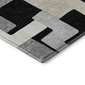 HomeRoots 8' Modern Black Ivory Beige Geometric Washable Round Area Rug with UV Protection for Easy Care 675693