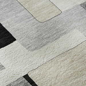 HomeRoots 8' Modern Black Ivory Beige Geometric Washable Round Area Rug with UV Protection for Easy Care 675693