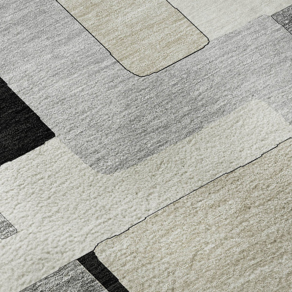 HomeRoots 8' Modern Black Ivory Beige Geometric Washable Round Area Rug with UV Protection for Easy Care 675693