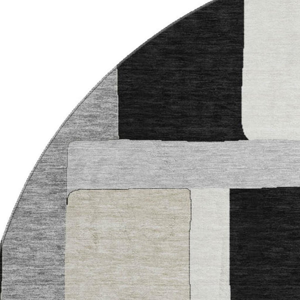 HomeRoots 8' Modern Black Ivory Beige Geometric Washable Round Area Rug with UV Protection for Easy Care 675693