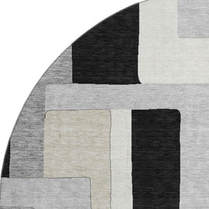 HomeRoots 8' Modern Black Ivory Beige Geometric Washable Round Area Rug with UV Protection for Easy Care 675693