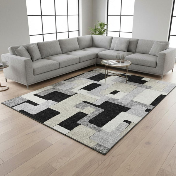 HomeRoots 8' X 10' Stylish Black Ivory Beige Geometric Washable Area Rug with UV Protection for Homes 675694