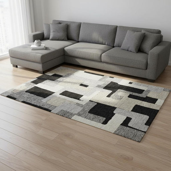 HomeRoots 9' X 12' Stylish Black Ivory Beige Geometric Area Rug - Durable, Washable, UV Protected for Homes 675695