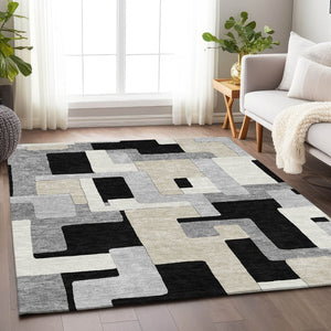 HomeRoots 9' X 12' Stylish Black Ivory Beige Geometric Area Rug - Durable, Washable, UV Protected for Homes 675695