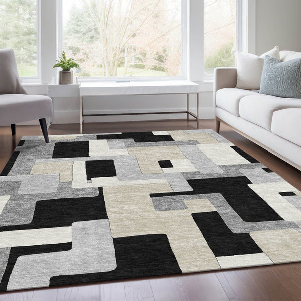 HomeRoots 9' X 12' Stylish Black Ivory Beige Geometric Area Rug - Durable, Washable, UV Protected for Homes 675695