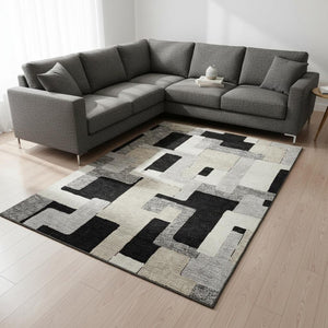 HomeRoots 10' Modern Geometric Washable Area Rug in Black, Ivory & Beige - UV Protected, Stain-Resistant Design 675696