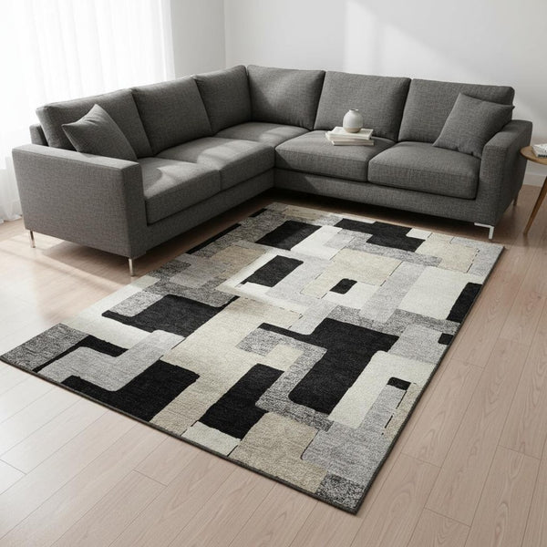HomeRoots 10' Modern Geometric Washable Area Rug in Black, Ivory & Beige - UV Protected, Stain-Resistant Design 675696