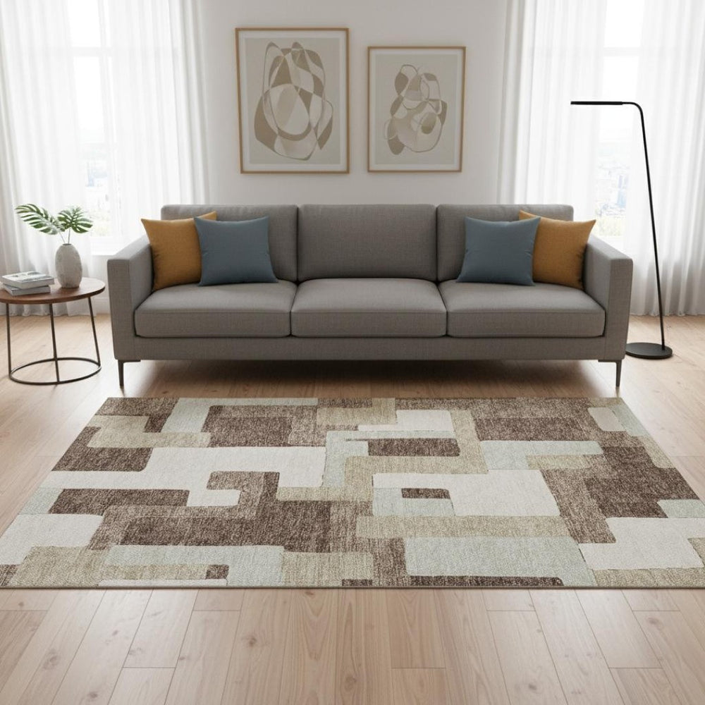 HomeRoots 5' X 8' Stylish Brown Ivory Beige Geometric Area Rug - Washable, UV Protected, Stain-Resistant Design 675698