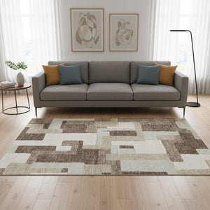HomeRoots 5' X 8' Stylish Brown Ivory Beige Geometric Area Rug - Washable, UV Protected, Stain-Resistant Design 675698