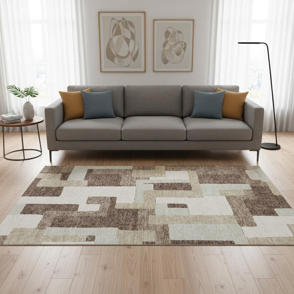 HomeRoots 5' X 8' Stylish Brown Ivory Beige Geometric Area Rug - Washable, UV Protected, Stain-Resistant Design 675698