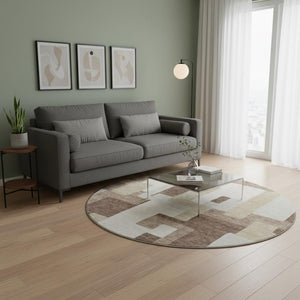 HomeRoots 8' Washable Round Rug in Brown, Ivory & Beige with Geometric Design, UV Protection & Easy Care 675699