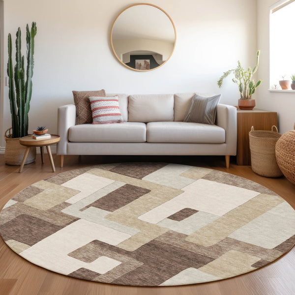 HomeRoots 8' Washable Round Rug in Brown, Ivory & Beige with Geometric Design, UV Protection & Easy Care 675699