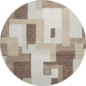 HomeRoots 8' Washable Round Rug in Brown, Ivory & Beige with Geometric Design, UV Protection & Easy Care 675699