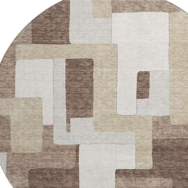 HomeRoots 8' Washable Round Rug in Brown, Ivory & Beige with Geometric Design, UV Protection & Easy Care 675699