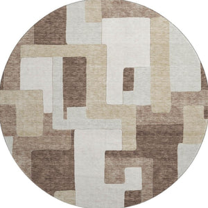 HomeRoots 8' Washable Round Rug in Brown, Ivory & Beige with Geometric Design, UV Protection & Easy Care 675699