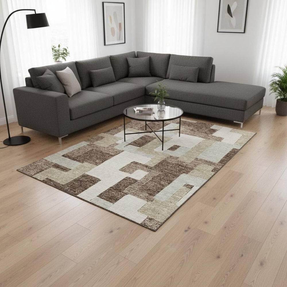 HomeRoots 8' X 10' Stylish Brown Ivory Beige Geometric Area Rug - Washable, UV Protected, Durable Design 675700