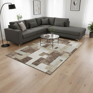 HomeRoots 8' X 10' Stylish Brown Ivory Beige Geometric Area Rug - Washable, UV Protected, Durable Design 675700