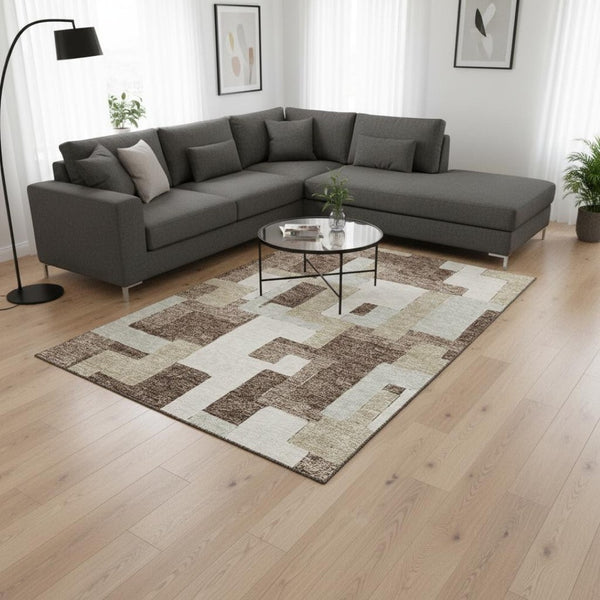 HomeRoots 8' X 10' Stylish Brown Ivory Beige Geometric Area Rug - Washable, UV Protected, Durable Design 675700