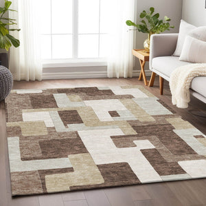 HomeRoots 8' X 10' Stylish Brown Ivory Beige Geometric Area Rug - Washable, UV Protected, Durable Design 675700