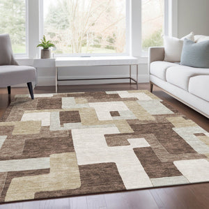 HomeRoots 8' X 10' Stylish Brown Ivory Beige Geometric Area Rug - Washable, UV Protected, Durable Design 675700