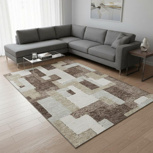 HomeRoots 9' X 12' Stylish Geometric Washable Area Rug in Brown, Ivory & Beige - UV Protection & Stain Resistant! 675701