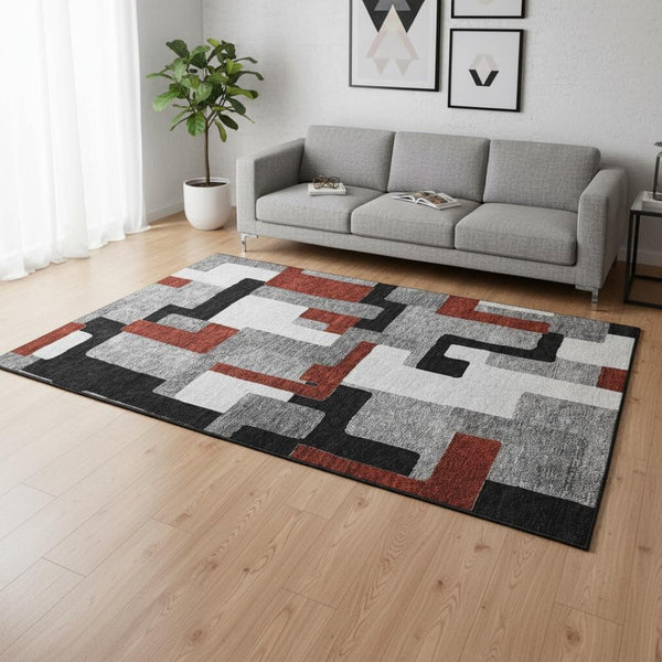 HomeRoots 5' X 8' Modern Geometric Area Rug in Gray, Black & Red – Washable, UV-Protected, Kid & Pet Friendly 675704
