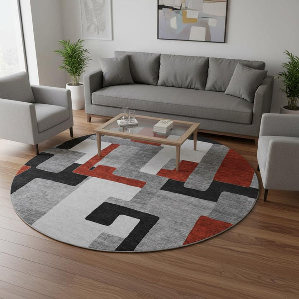 HomeRoots 8' Modern Geometric Round Rug in Gray, Black & Red - Washable, UV-Protected, Easy-Care Design! 675705