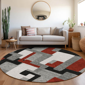 HomeRoots 8' Modern Geometric Round Rug in Gray, Black & Red - Washable, UV-Protected, Easy-Care Design! 675705