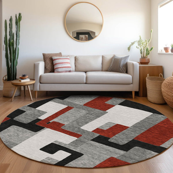 HomeRoots 8' Modern Geometric Round Rug in Gray, Black & Red - Washable, UV-Protected, Easy-Care Design! 675705