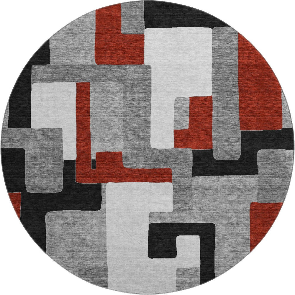 HomeRoots 8' Modern Geometric Round Rug in Gray, Black & Red - Washable, UV-Protected, Easy-Care Design! 675705