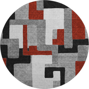 HomeRoots 8' Modern Geometric Round Rug in Gray, Black & Red - Washable, UV-Protected, Easy-Care Design! 675705