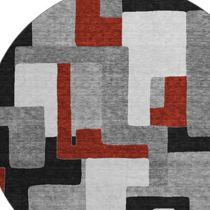 HomeRoots 8' Modern Geometric Round Rug in Gray, Black & Red - Washable, UV-Protected, Easy-Care Design! 675705