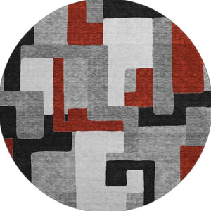 HomeRoots 8' Modern Geometric Round Rug in Gray, Black & Red - Washable, UV-Protected, Easy-Care Design! 675705
