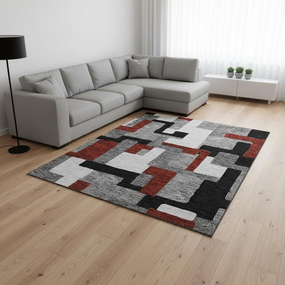 HomeRoots 8' X 10' Geometric Area Rug in Gray, Black & Red - Durable, Washable, UV-Protected for Modern Spaces 675706