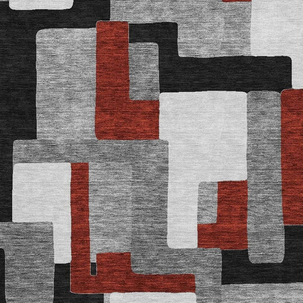 HomeRoots 8' X 10' Geometric Area Rug in Gray, Black & Red - Durable, Washable, UV-Protected for Modern Spaces 675706