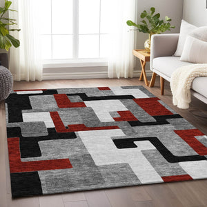 HomeRoots 9' X 12' Stylish Gray, Black & Red Geometric Washable Area Rug with UV Protection & Non-Slip Backing 675707