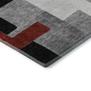 HomeRoots 9' X 12' Stylish Gray, Black & Red Geometric Washable Area Rug with UV Protection & Non-Slip Backing 675707