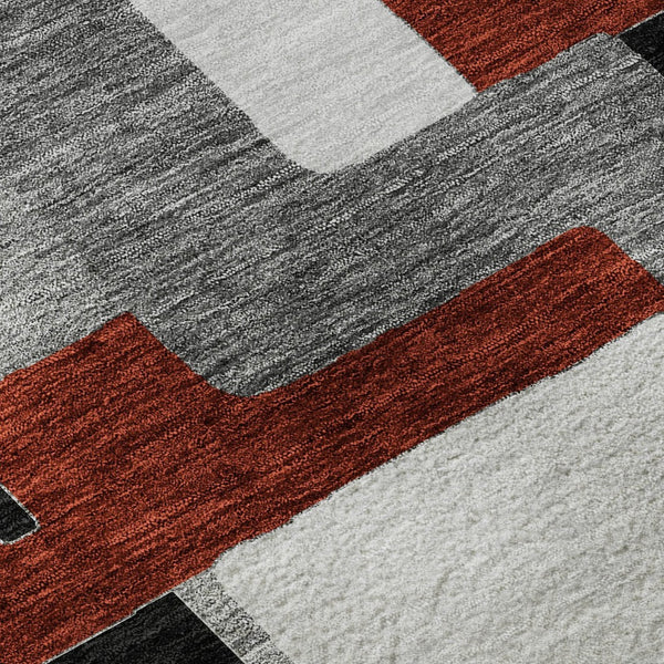 HomeRoots 9' X 12' Stylish Gray, Black & Red Geometric Washable Area Rug with UV Protection & Non-Slip Backing 675707